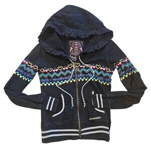 Vintage Heatherette Black Rainbow Full Zip Ruffle Hoodie Sweatshirt Small Y2K